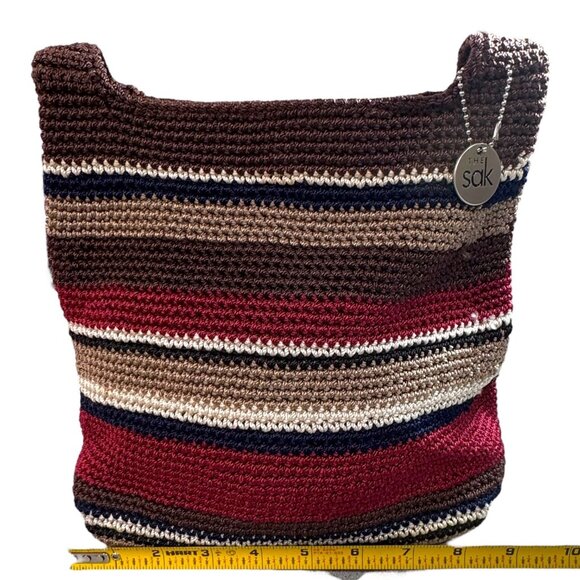 THE SAK Striped Crochet Shoulder Bag In Brown Navy Red Striped Ball Chain Charm - Picture 5 of 12